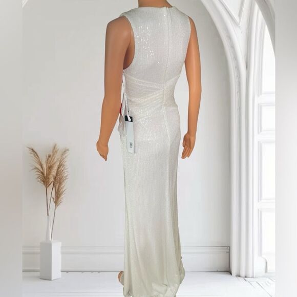 NWT Mac DUGGAL 26598 White Sequin Sheath High Leg Slit Fitted Gown Dress Size 0 - Picture 4 of 10